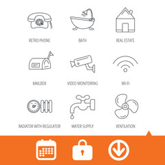 Wifi, video camera and mailbox icons. Real estate, bath and water supply linear signs. Radiator with heat regulator, phone icons. Download arrow, locker and calendar web icons. Vector