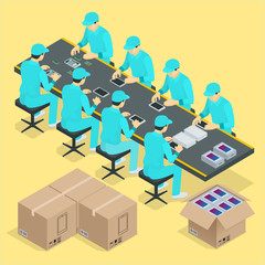 Factory Manual assembly line with works and conveyor belt controlled manufacturing process isometric poster vector illustration