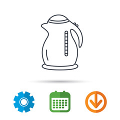 Kettle icon. Kitchen teapot sign. Calendar, cogwheel and download arrow signs. Colored flat web icons. Vector