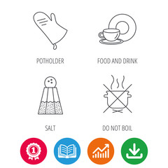 Salt, potholder and food, drink icons. Do not boil linear sign. Award medal, growth chart and opened book web icons. Download arrow. Vector