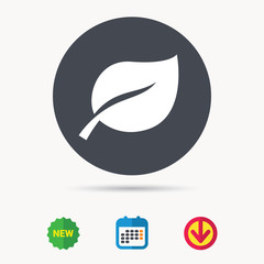 Leaf icon. Fresh organic product symbol. Calendar, download arrow and new tag signs. Colored flat web icons. Vector