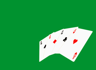 Four aces on green casino background with empty space for text.