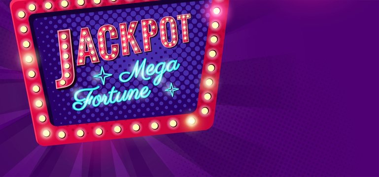 Jackpot retro banner with glowing lamps. Vector illustration for winners of poker, casino, cards, roulette and lottery. Vector illustration