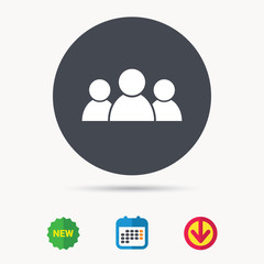 People icon. Group of humans sign. Team work symbol. Calendar, download arrow and new tag signs. Colored flat web icons. Vector