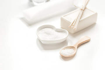 cosmetic set in body care consept on white table background mock up