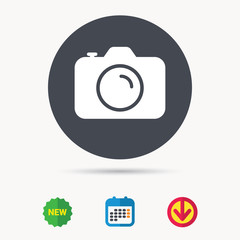 Camera icon. Professional photocamera symbol. Calendar, download arrow and new tag signs. Colored flat web icons. Vector