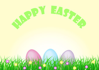Happy easter sign with grass and colorful eggs on a light yellow background.