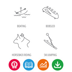 Boating, horseback riding and bobsled icons. Ski jumping linear sign. Award medal, growth chart and opened book web icons. Download arrow. Vector