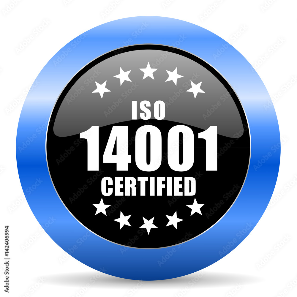 Poster iso 14001 black and blue web design round internet icon with shadow on white background.