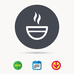 Tea cup icon. Hot coffee drink symbol. Calendar, download arrow and new tag signs. Colored flat web icons. Vector