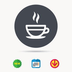 Tea cup icon. Hot coffee drink symbol. Calendar, download arrow and new tag signs. Colored flat web icons. Vector