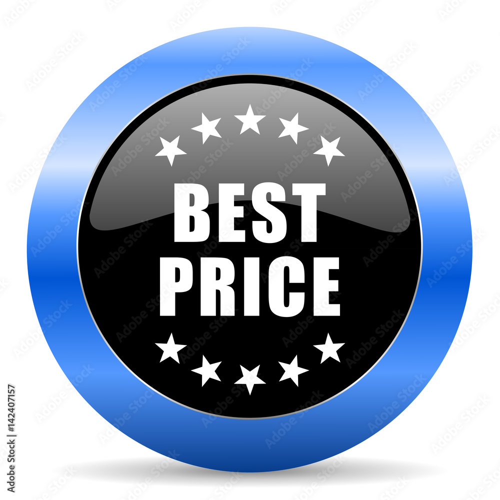 Aufkleber best price black and blue web design round internet icon with shadow on white background.