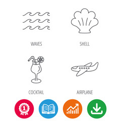 Shell, waves and cocktail icons. Airplane linear sign. Award medal, growth chart and opened book web icons. Download arrow. Vector