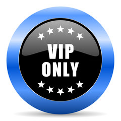 Vip only black and blue web design round internet icon with shadow on white background.