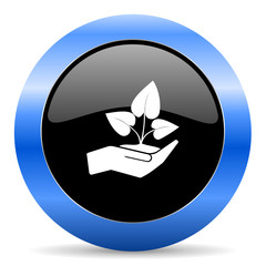 Hand protect plant growth black and blue web design round internet icon with shadow on white background.