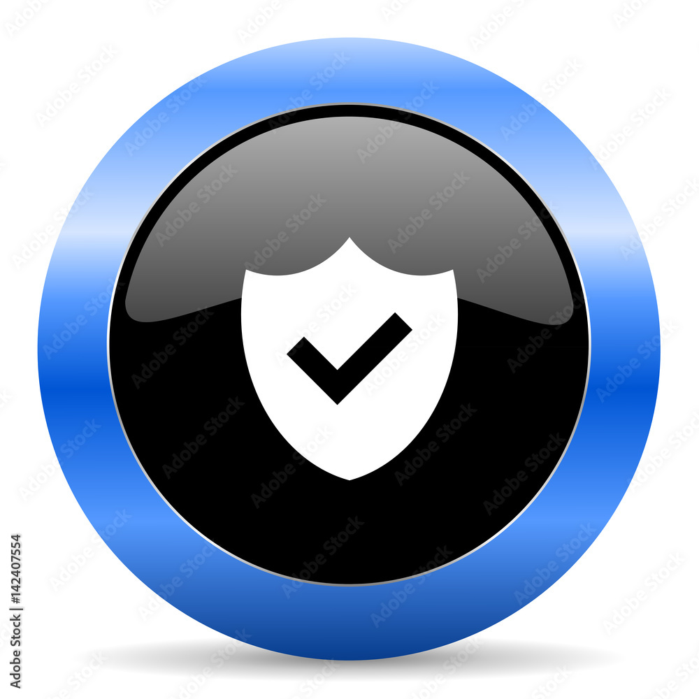 Poster shield black and blue web design round internet icon with shadow on white background.