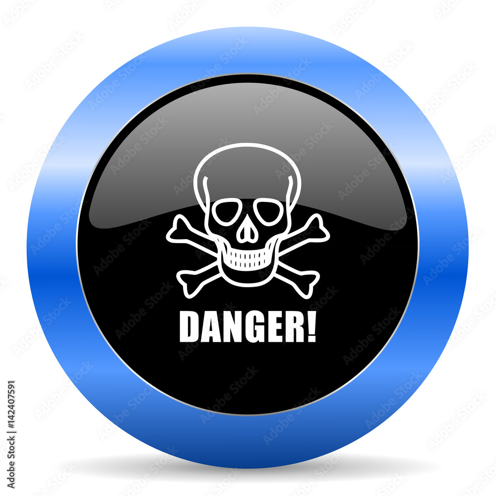 Poster danger skull black and blue web design round internet icon with shadow on white background.