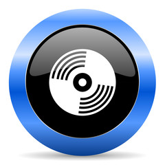 Vinyl music black and blue web design round internet icon with shadow on white background.