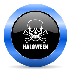 Haloween skull black and blue web design round internet icon with shadow on white background.