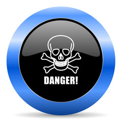 Danger skull black and blue web design round internet icon with shadow on white background.