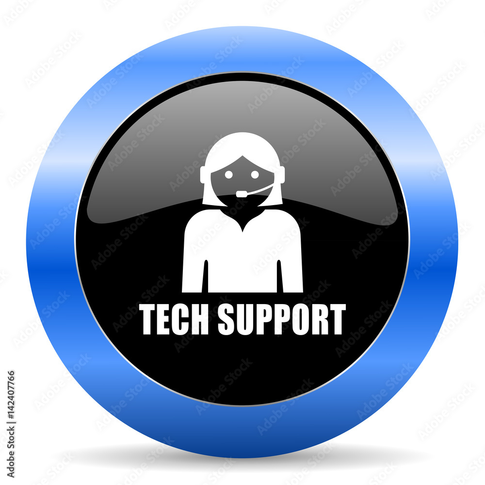 Poster Support black and blue web design round internet icon with shadow on white background.