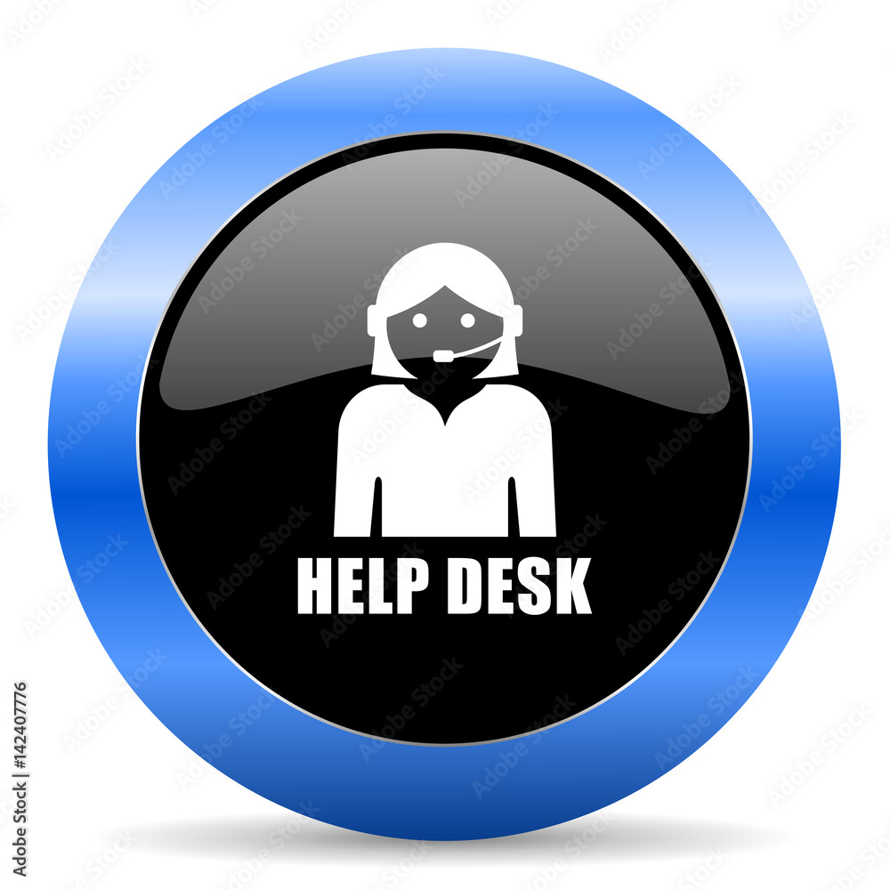 Poster Help desk black and blue web design round internet icon with shadow on white background.