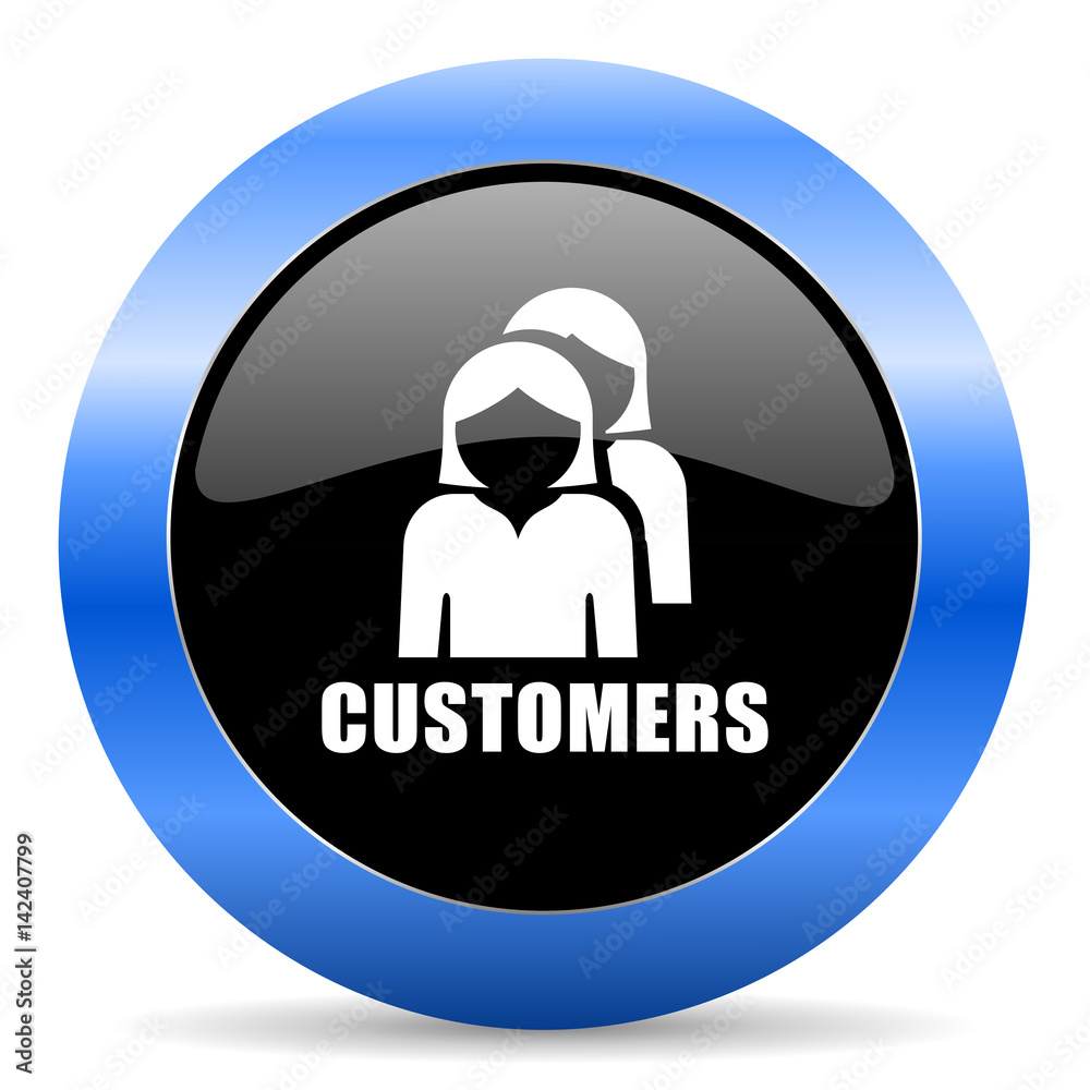 Poster customers black and blue web design round internet icon with shadow on white background.