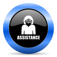 Assistance black and blue web design round internet icon with shadow on white background.