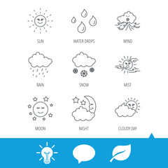 Weather, sun and rain icons. Moon night, clouds and mist linear signs. Wind, cloudy day and water drops flat line icons. Light bulb, speech bubble and leaf web icons. Vector