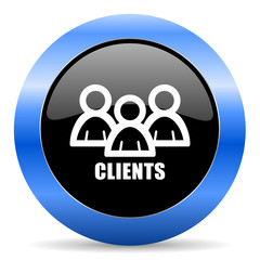 Clients black and blue web design round internet icon with shadow on white background.