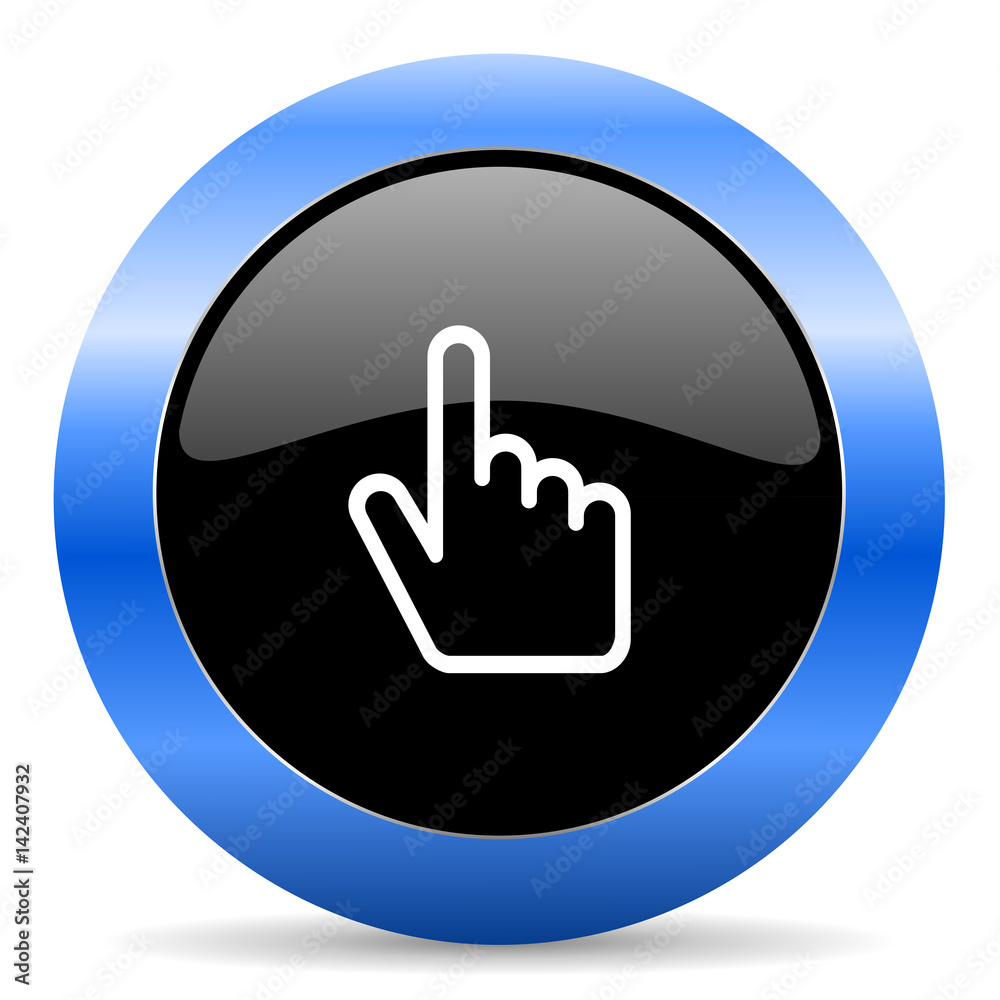 Poster Cursor hand black and blue web design round internet icon with shadow on white background.