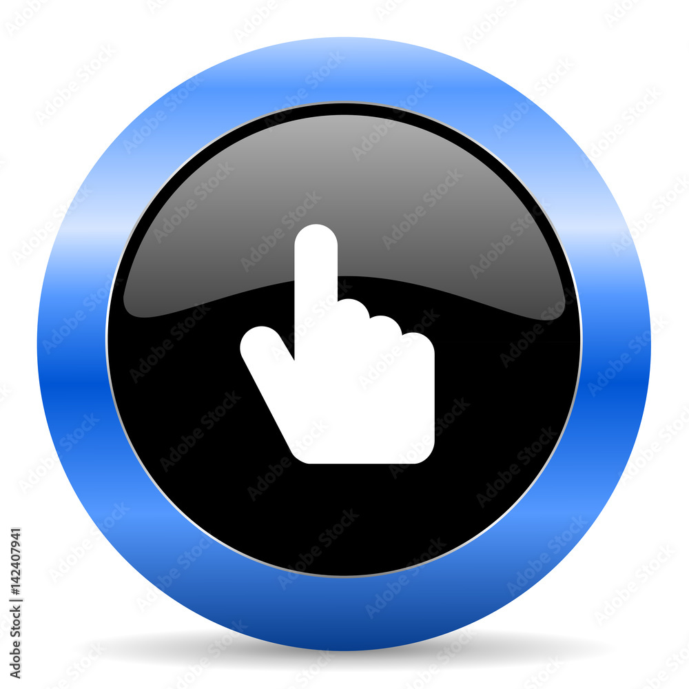 Poster Hand, cursor black and blue web design round internet icon with shadow on white background.