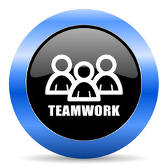 Teamwork black and blue web design round internet icon with shadow on white background.