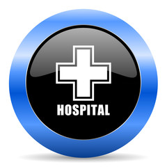 Obraz premium Hospital black and blue web design round internet icon with shadow on white background.