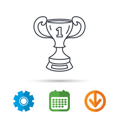Winner cup icon. First place award sign. Victory achievement symbol. Calendar, cogwheel and download arrow signs. Colored flat web icons. Vector