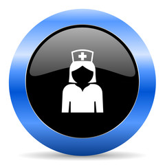 Nurse black and blue web design round internet icon with shadow on white background.