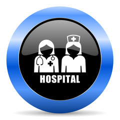 Hospital black and blue web design round internet icon with shadow on white background.