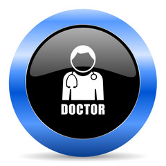 Doctor black and blue web design round internet icon with shadow on white background.