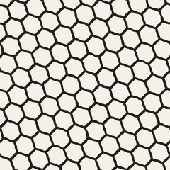 Seamless black and white pattern with hexagon lattice. Creative monochrome hand drawn honeycomb background.