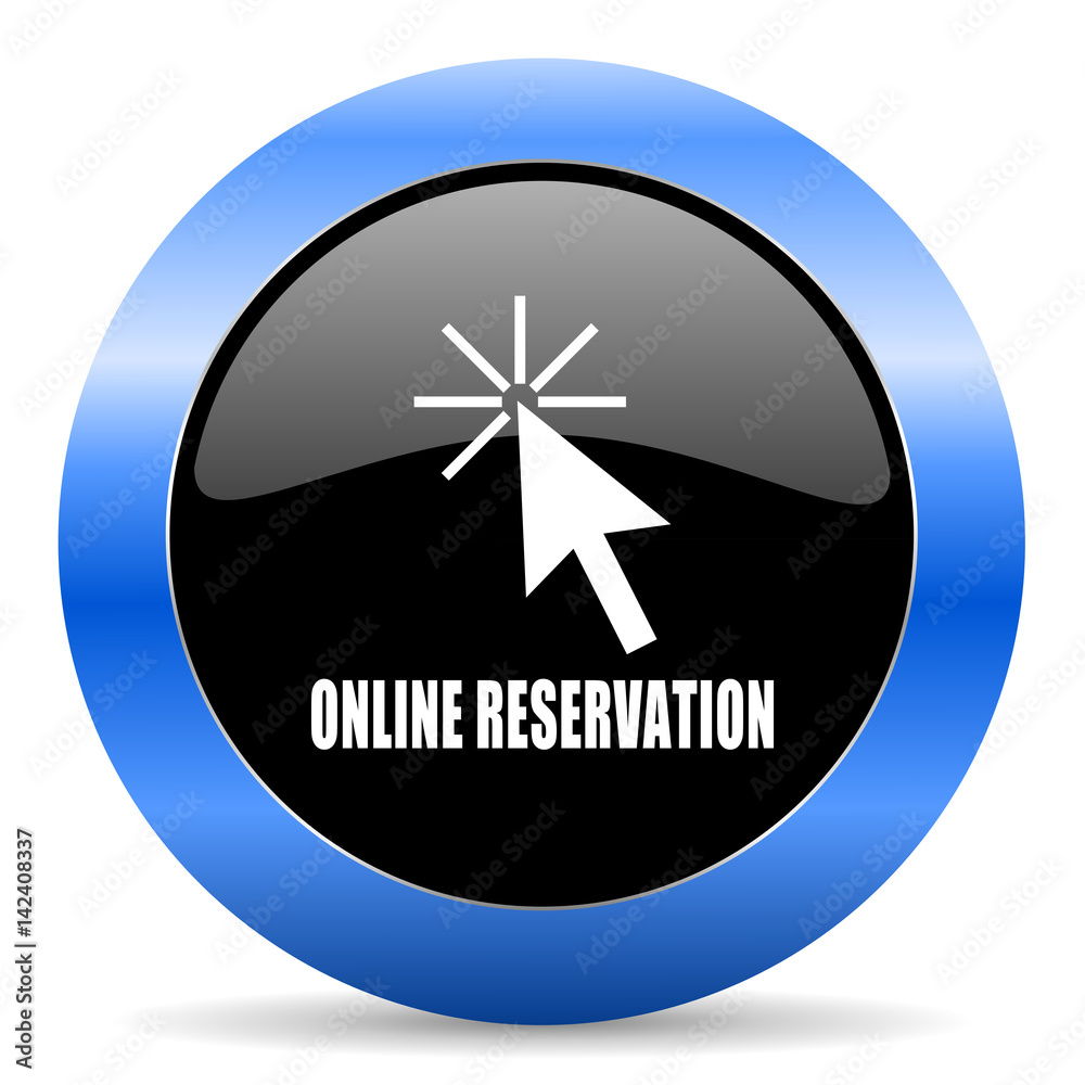 Poster online reservation black and blue web design round internet icon with shadow on white background.