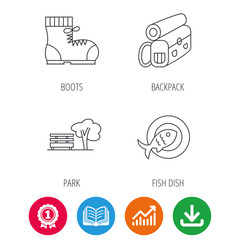 Park, backpack and hiking boots icons. Fish dish linear sign. Award medal, growth chart and opened book web icons. Download arrow. Vector