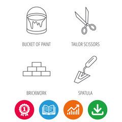 Fototapeta premium Spatula, scissors and bucket of paint icons. Brickwork linear sign. Award medal, growth chart and opened book web icons. Download arrow. Vector
