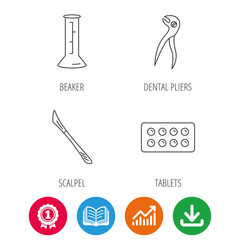 Fototapeta premium Lab beaker, tablets and dental pliers icons. Scalpel linear sign. Award medal, growth chart and opened book web icons. Download arrow. Vector