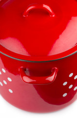 detail of large rustic red cooking pot