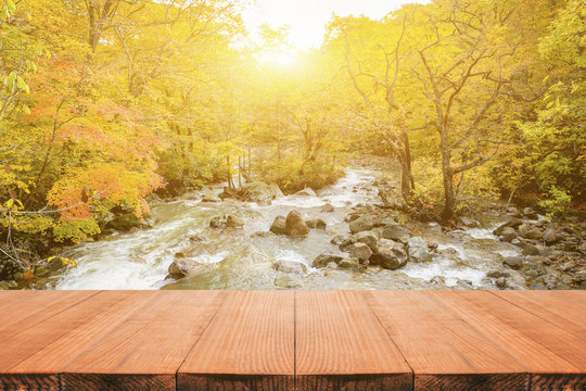 Empty top of wooden table or counter on background of Red Maple Color Leaf Fall Foliage Autumn Colors of  River Prefecture Japan. For product display,can be used for montage or display your products
