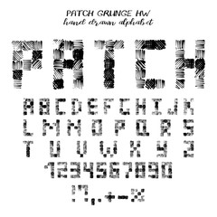 Hand drawn alphabet, written grunge font with symbols in style of patches: stylized black capital letters, numbers and punctuation. Vector illustration