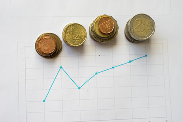 Saving coins money concept,money coins graph, money stacks of coins ,coins money chart and pen ,copy space.Financial planning into the future.selective focus,vintage color