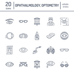 Ophthalmology, eyes health care line icons. Optometry equipment, contact lenses, glasses, blindness. Vision correction thin linear signs for oculist clinic.