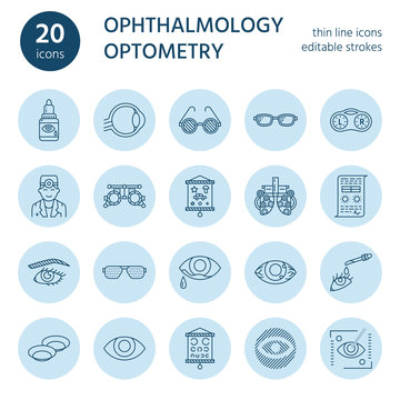 Ophthalmology, eyes health care line icons. Optometry equipment, contact lenses, glasses, blindness. Vision correction thin linear signs for oculist clinic.