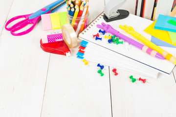 School stationary on the wooden table